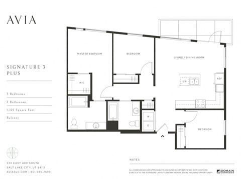 Floor plan for 3 beds, 2 baths, 1121 sqft